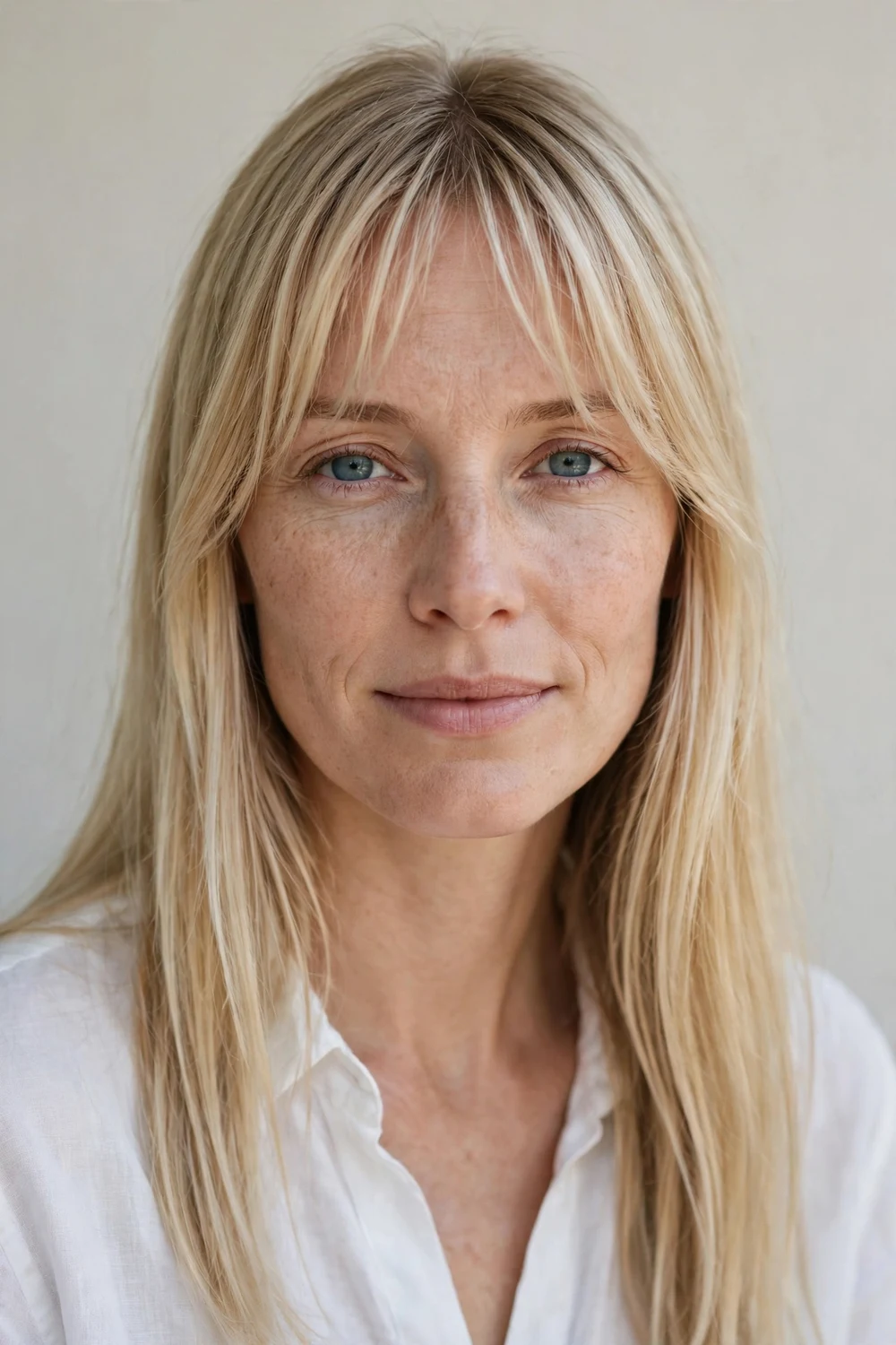 Woman in her early thirties with an oblong face and long straight blonde hair with wispy bangs