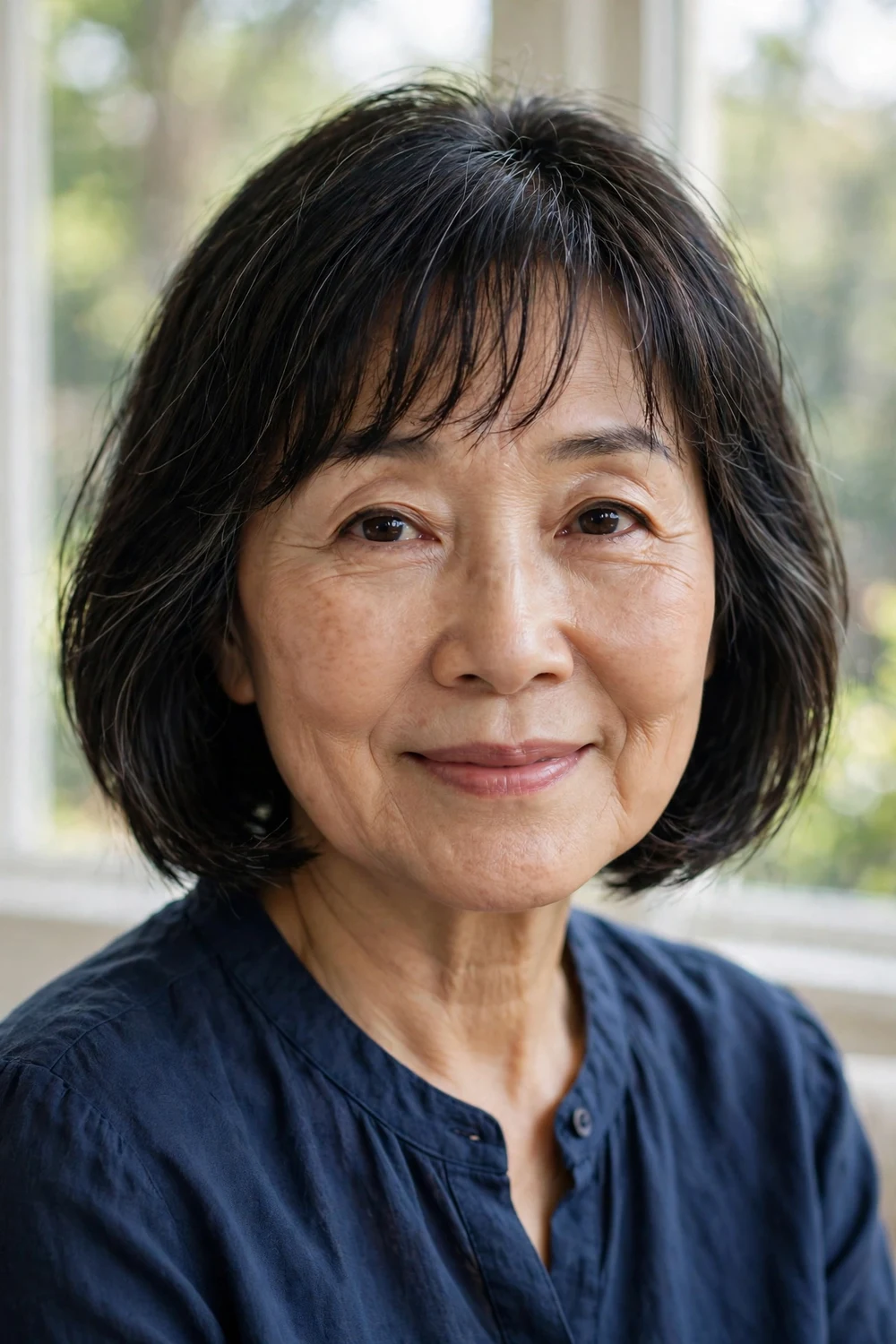East Asian woman in her late 60s with dark wispy bangs and a soft bob