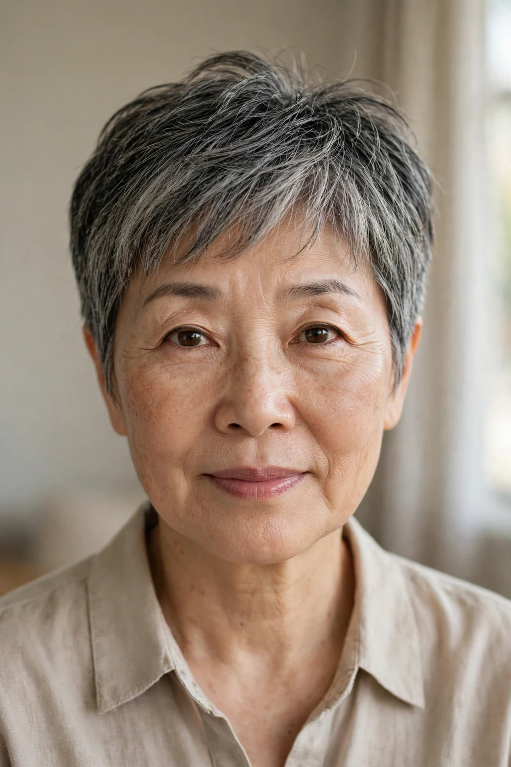 Front view of a pixie with wispy bangs on a woman over 50 with thin salt-and-pepper hair