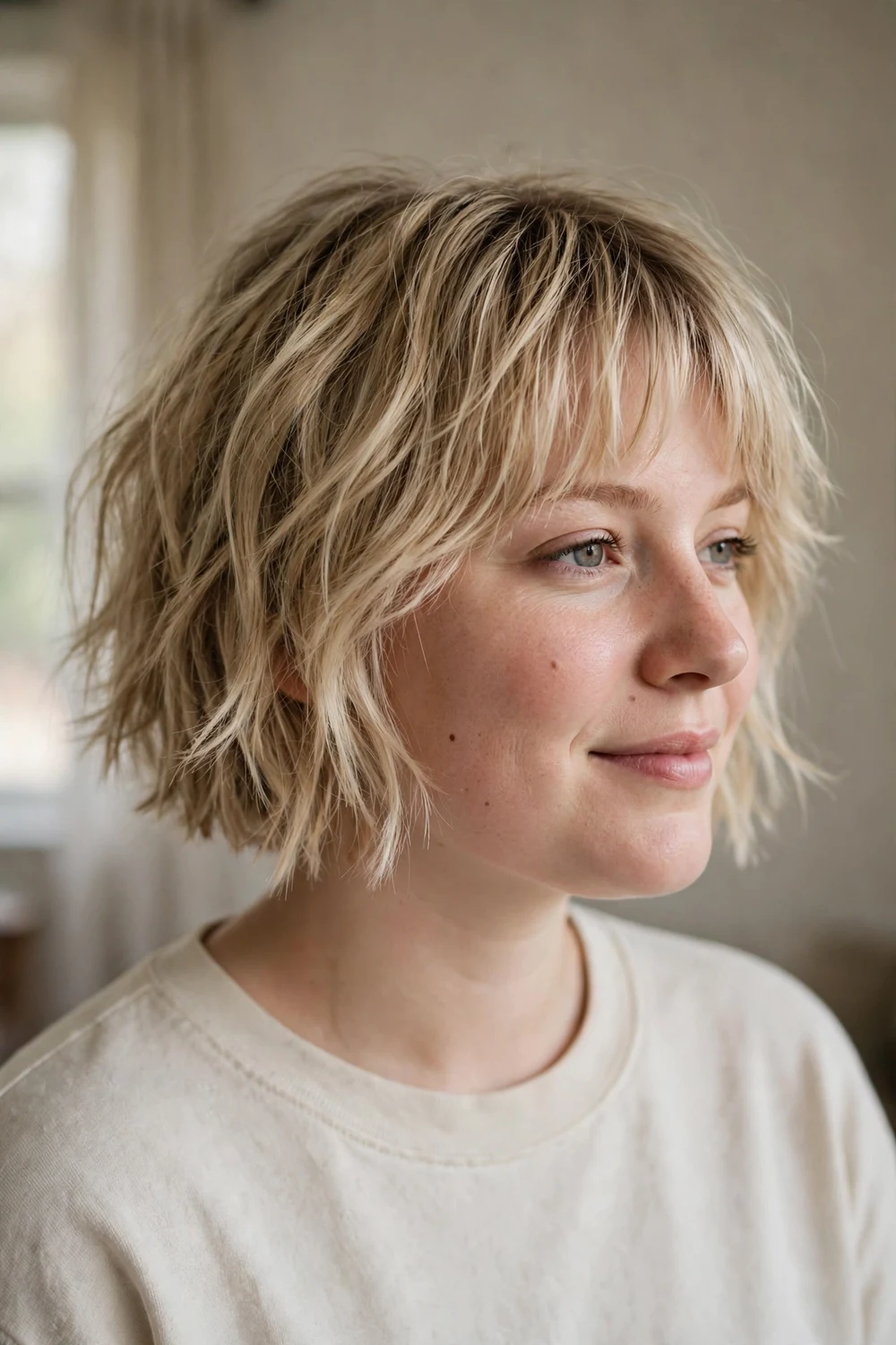 Woman with round face wearing a textured blonde bob with soft wispy bangs