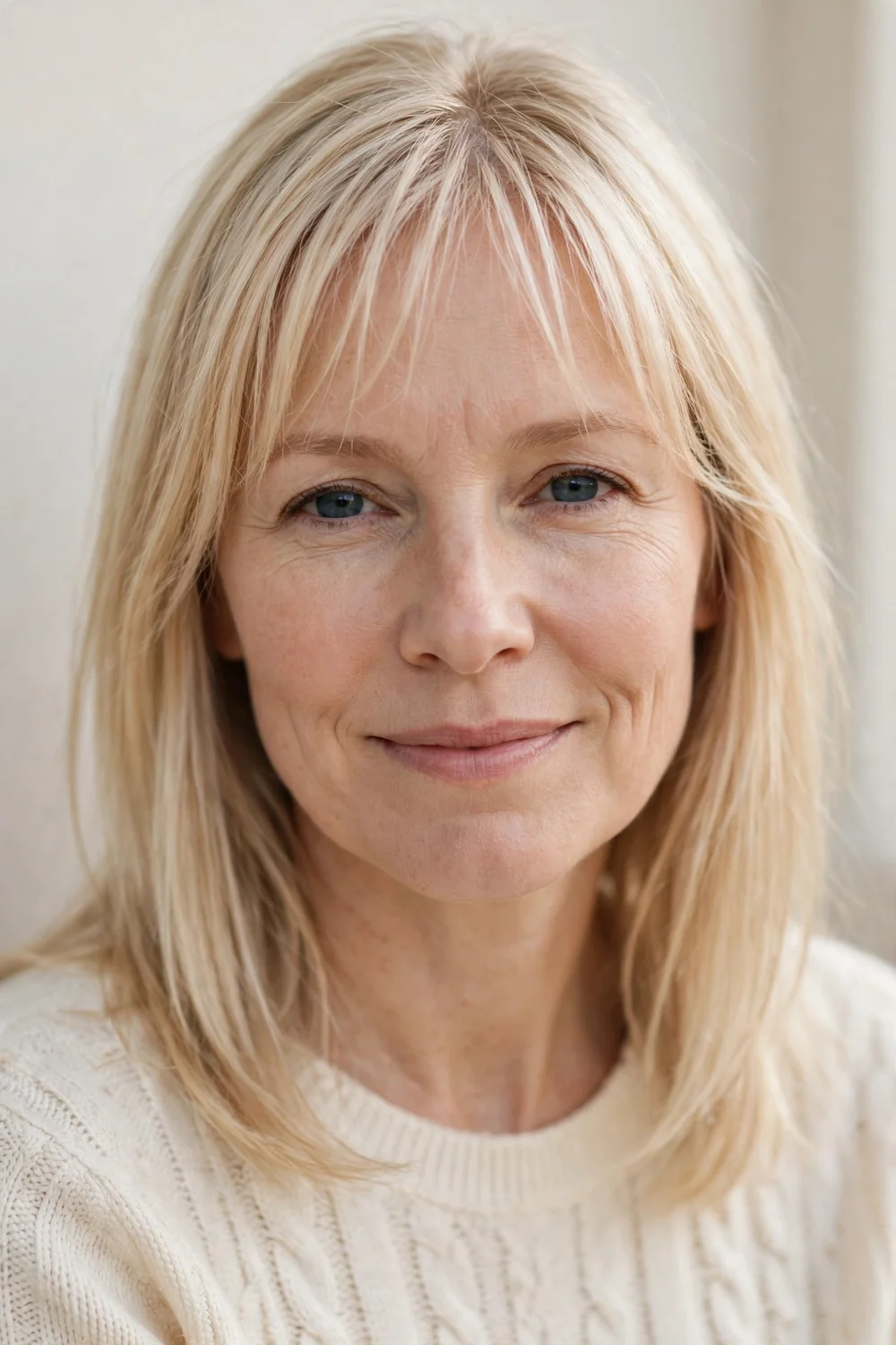 Woman with thin wispy bangs lightly covering the forehead