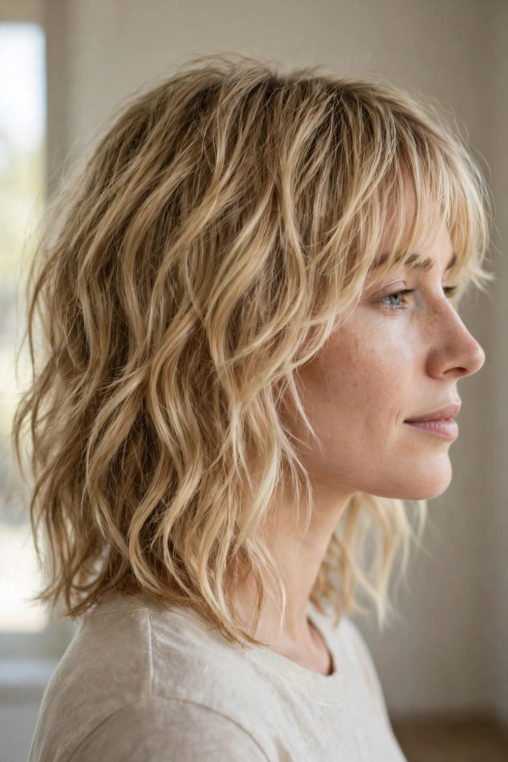 Woman with honey blonde hair in a wispy blonde shag with feathered layers