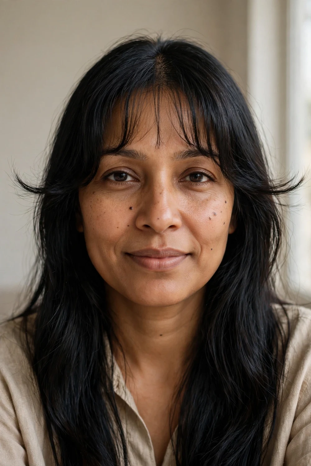 Woman with wispy bottleneck bangs
