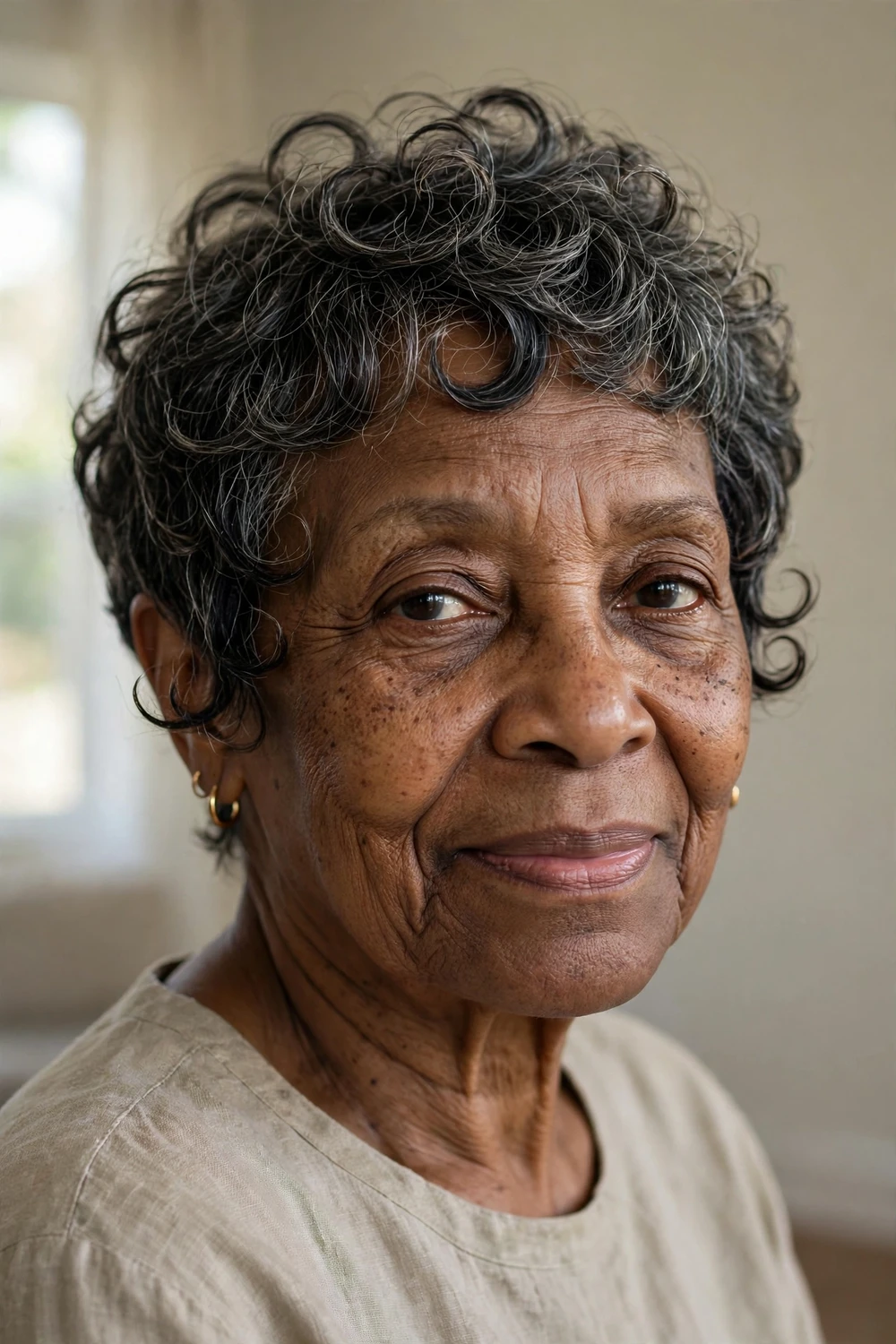 Wispy curled pixie haircut with soft curls for older women