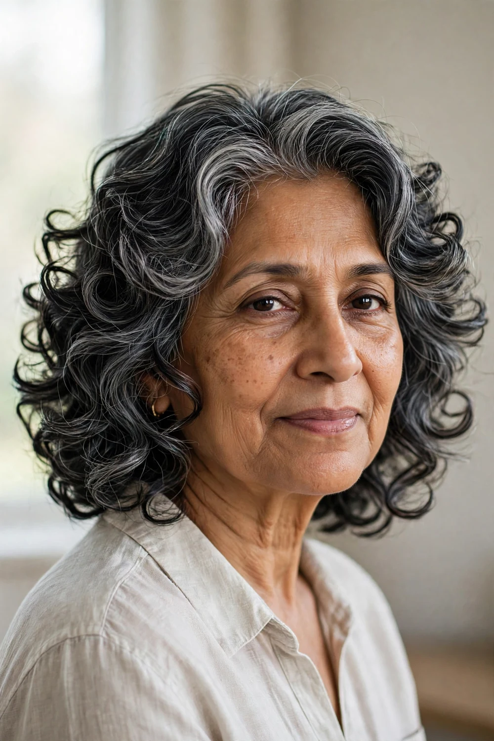 Woman over 60 with wispy curly layers
