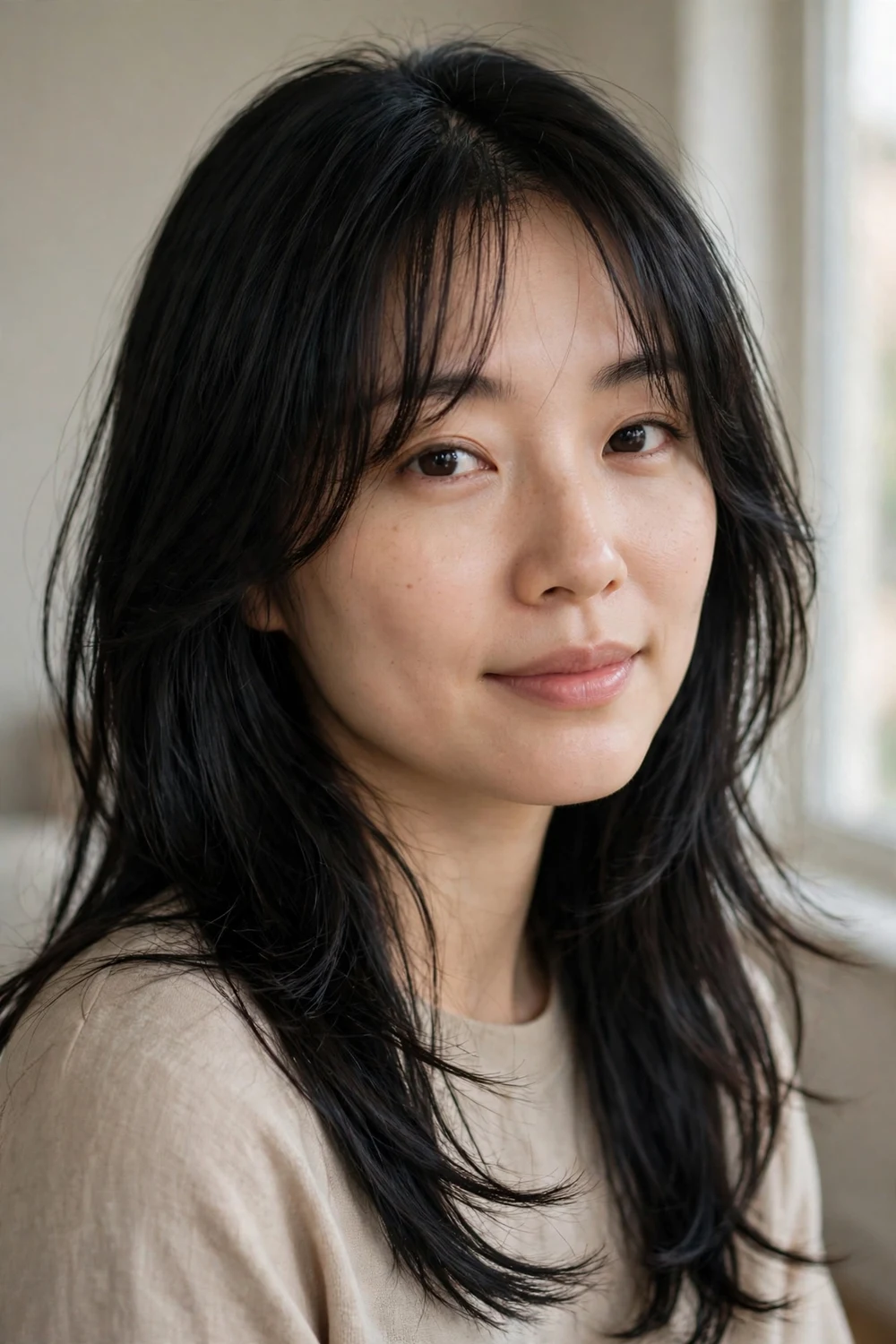 Wispy curtain bangs with long layers on fine black hair