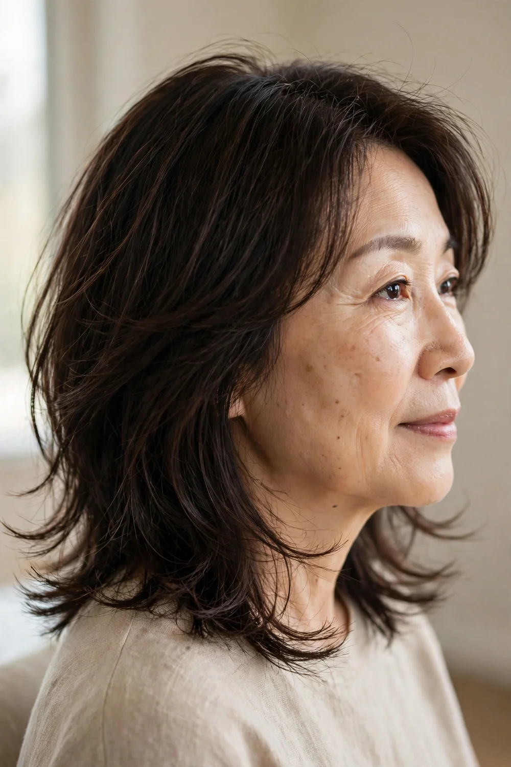 55-year-old East Asian woman with dark brown medium hair and wispy feathered ends, side view