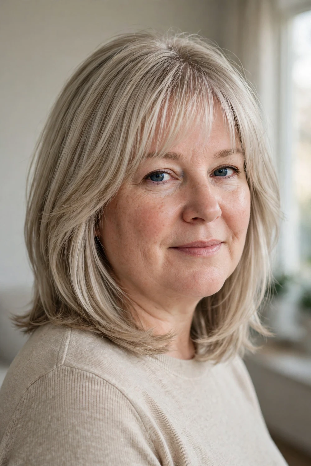 Woman with round face wearing a collarbone-length lob with a light wispy fringe