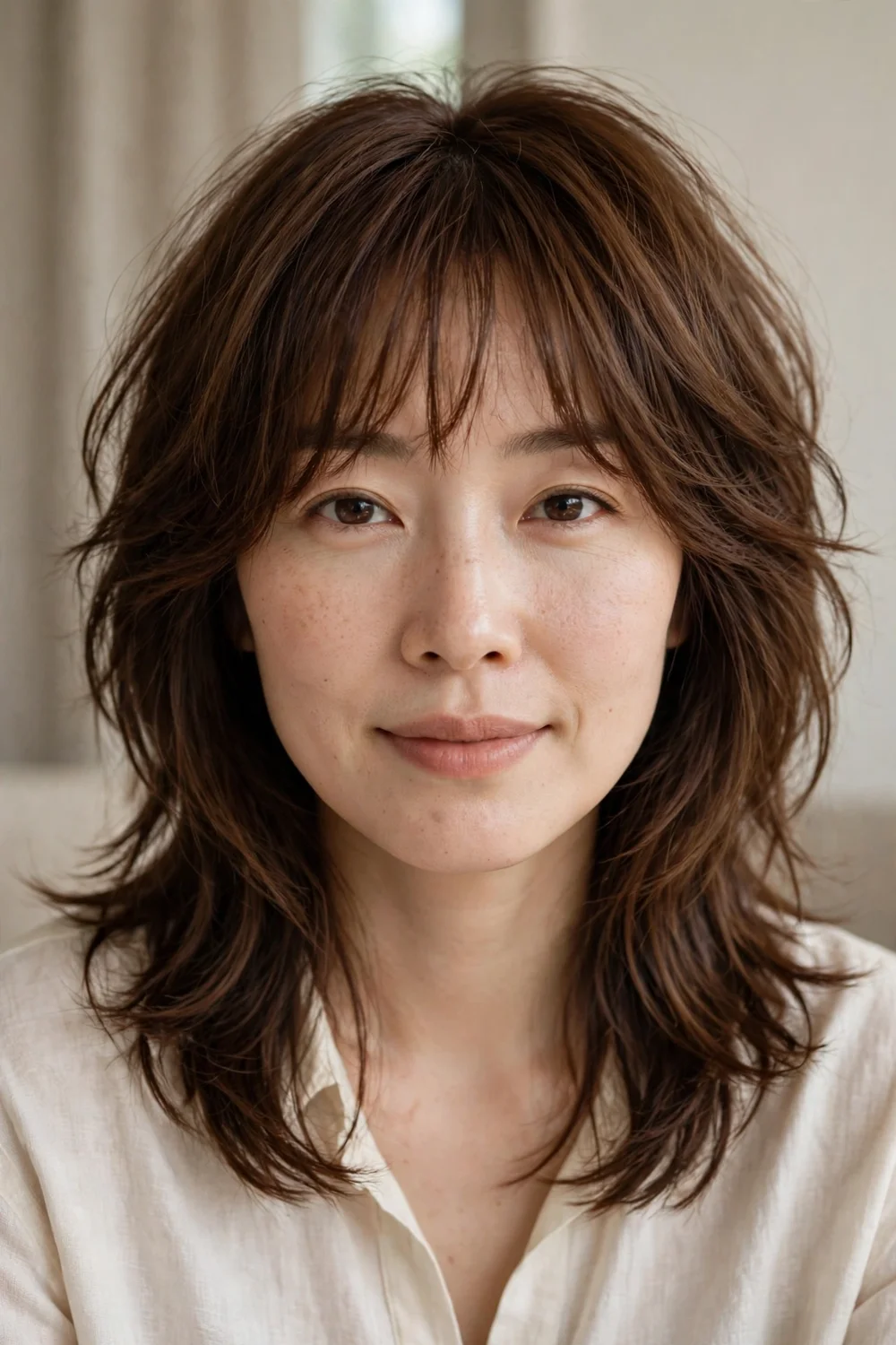 Wispy fringe wolf cut with see-through bangs on chestnut brown medium hair