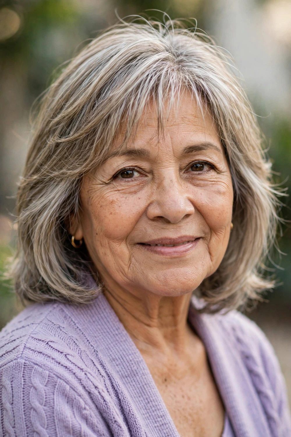 60-year-old Latina woman with chestnut wispy layered medium hair