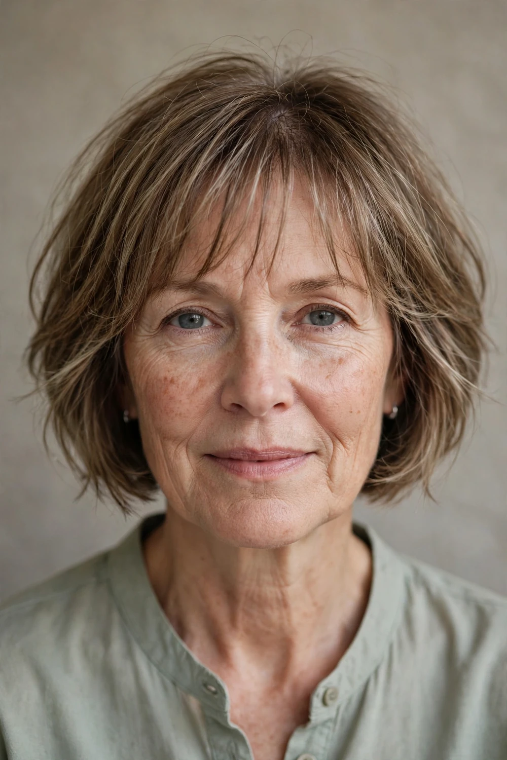 Woman over 50 with a wispy layered bob and light bangs for thin fine hair