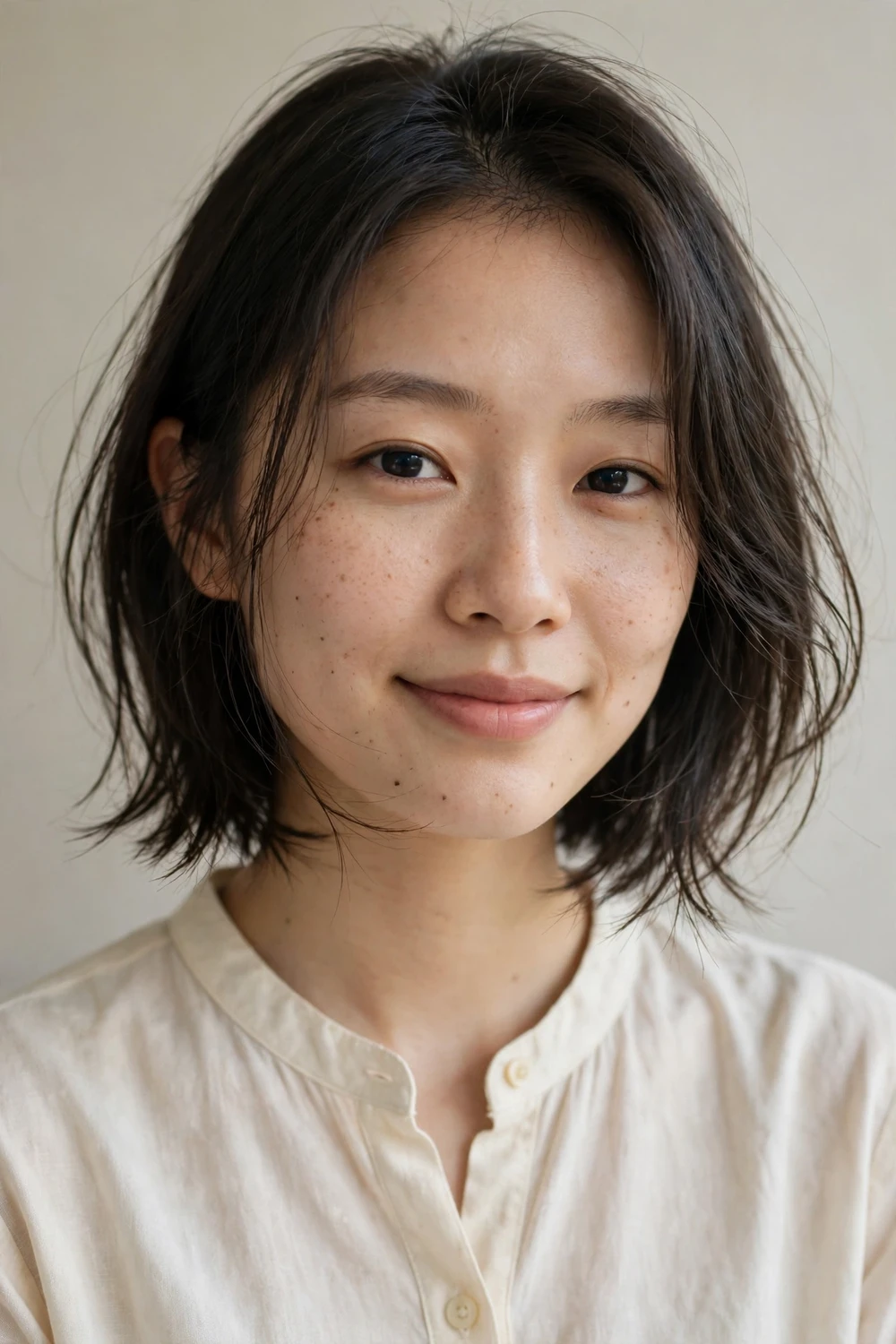 Wispy layered bob with light feathery ends and wispy bangs