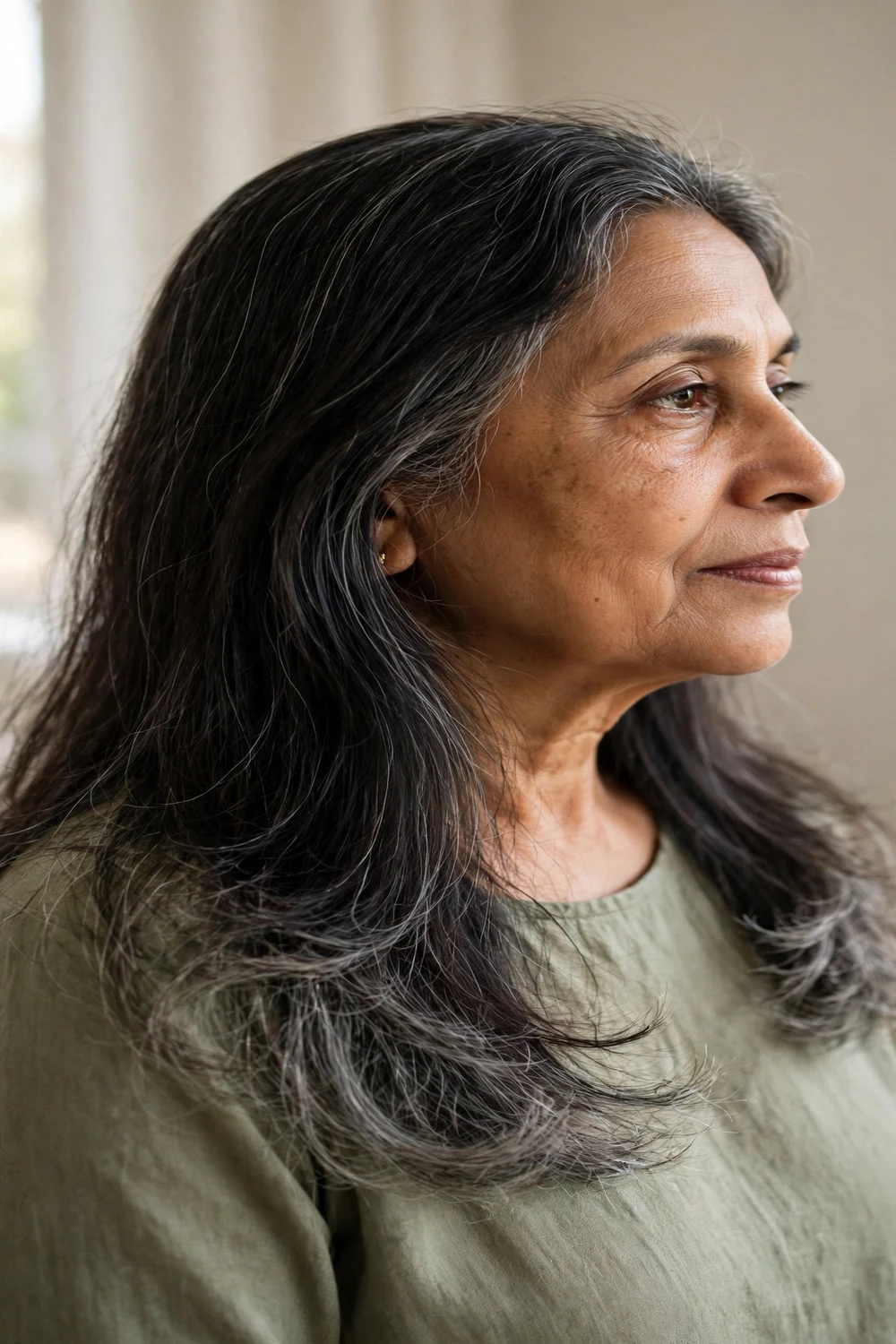 Woman over 50 with soft wispy layers at the ends