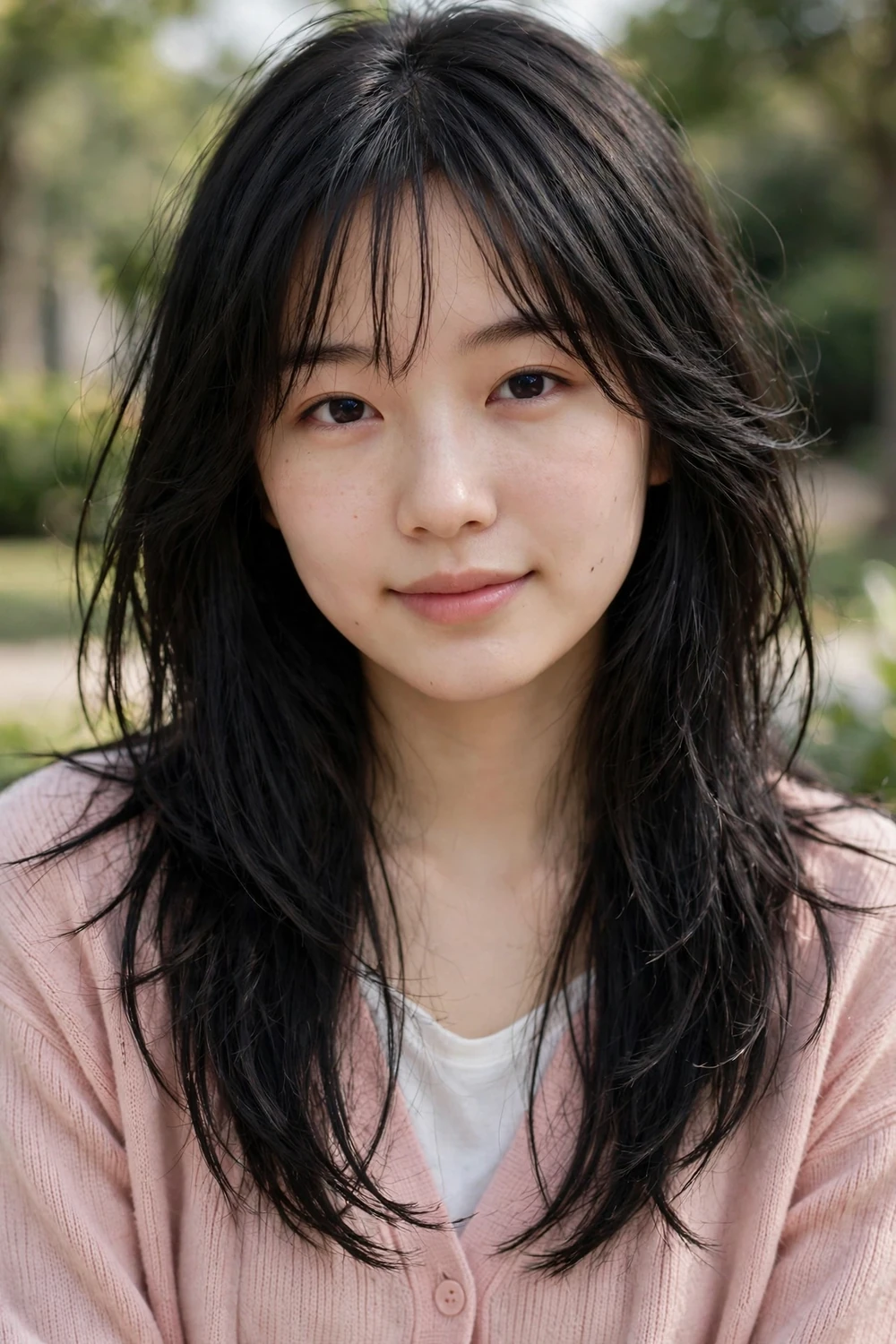 Woman with fine hair wearing a wispy long shag haircut, slide-cut layers keeping the ends intact