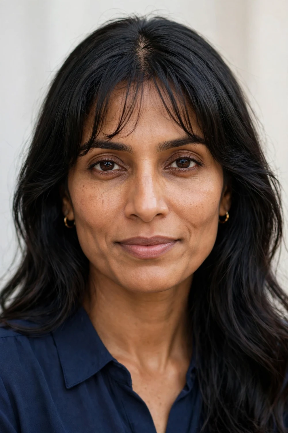 Wispy parted bangs drawing attention to the eyes on a square face