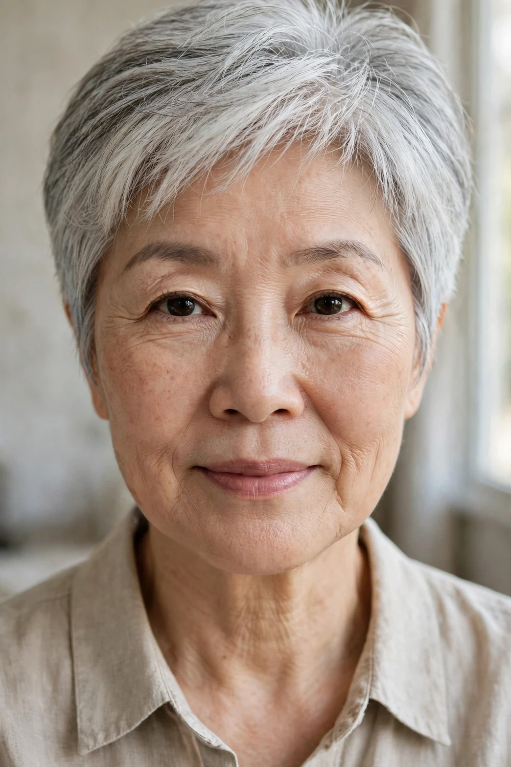 Wispy pixie with volume at the crown for grey hair over 50