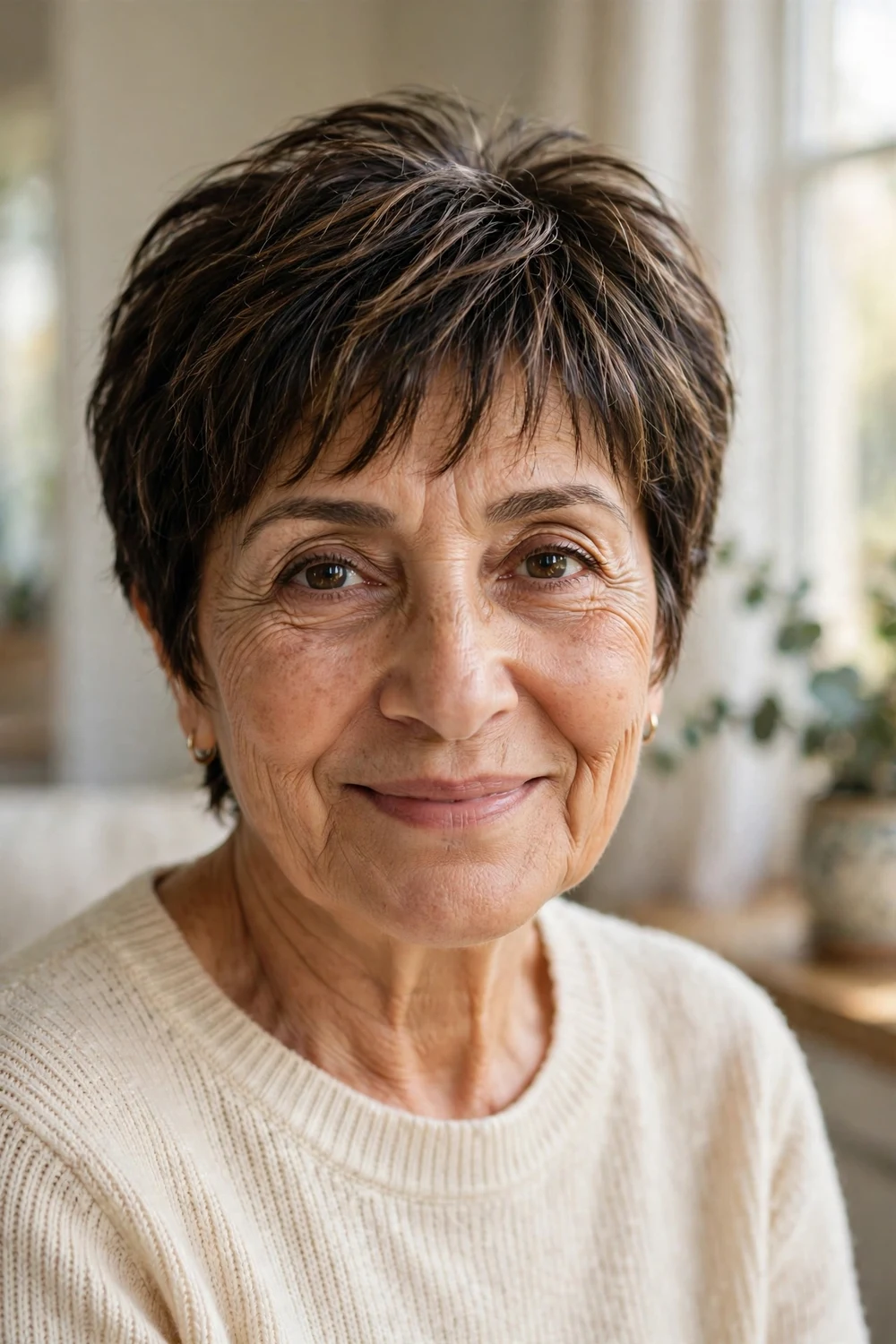 Woman over 50 with wispy pixie and light fringe in brunette