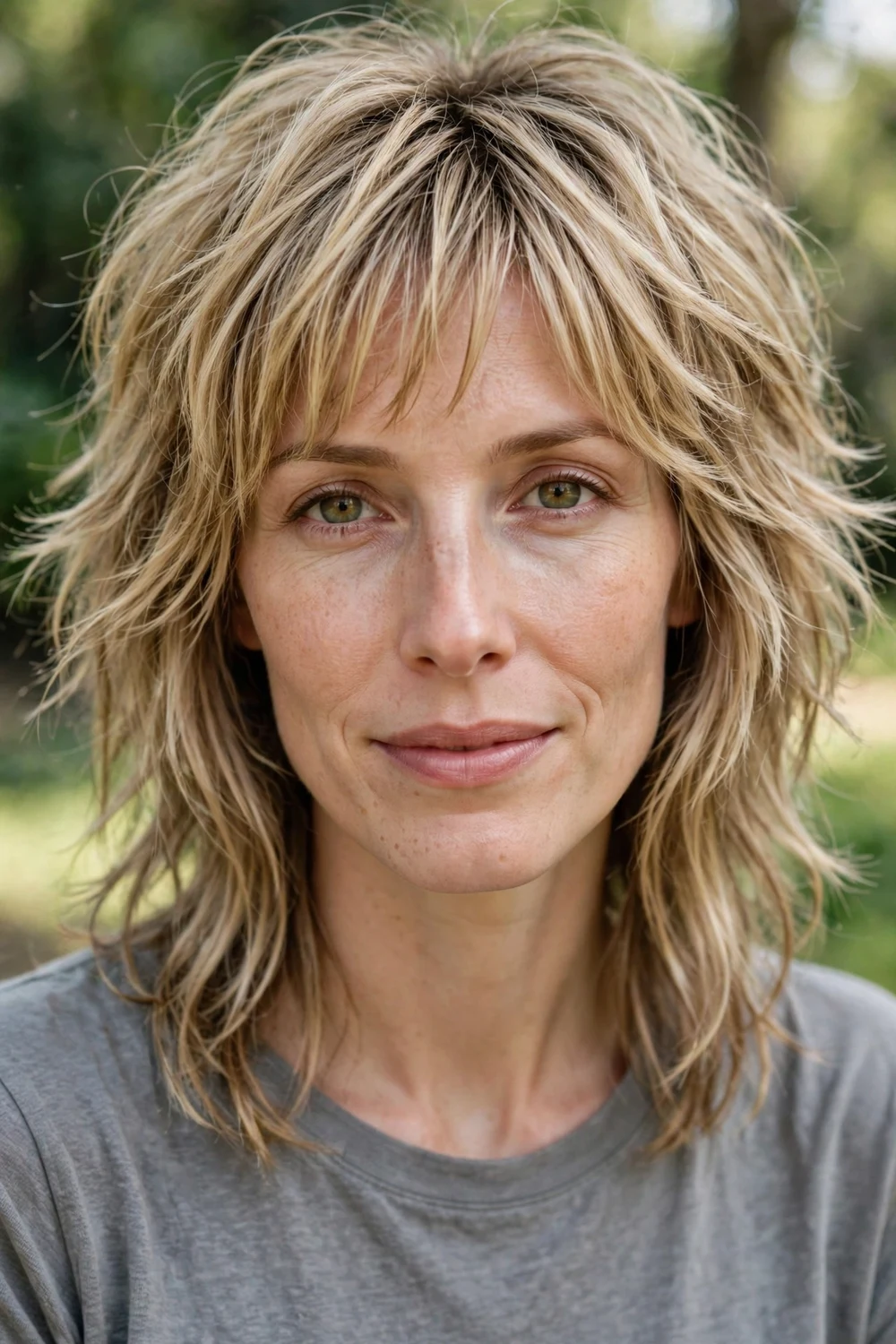 Woman with a long oval face wearing a shaggy layered cut with wispy bangs and tousled cheek-level layers