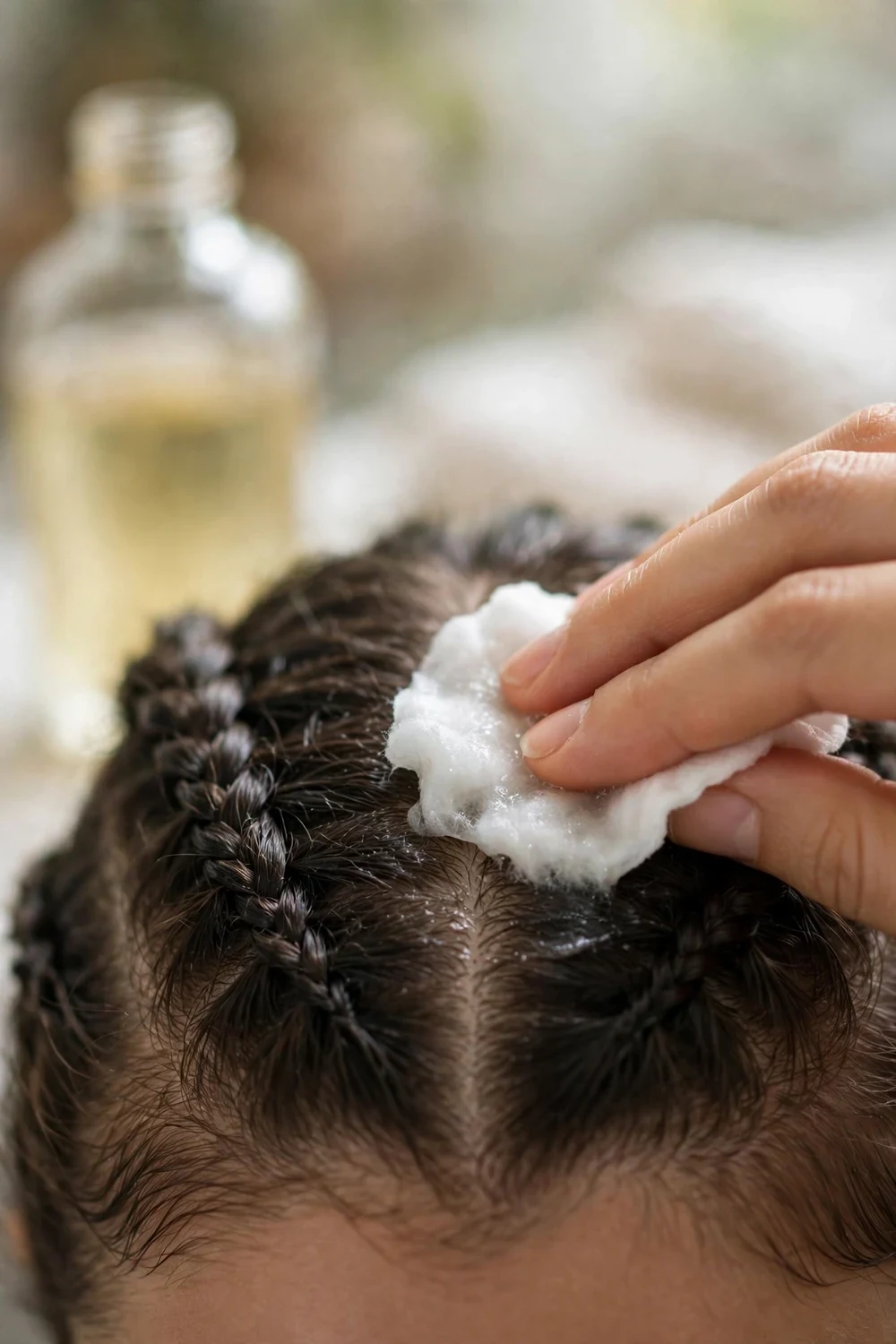 Hand pressing a witch hazel soaked cotton pad onto an itchy braided scalp part