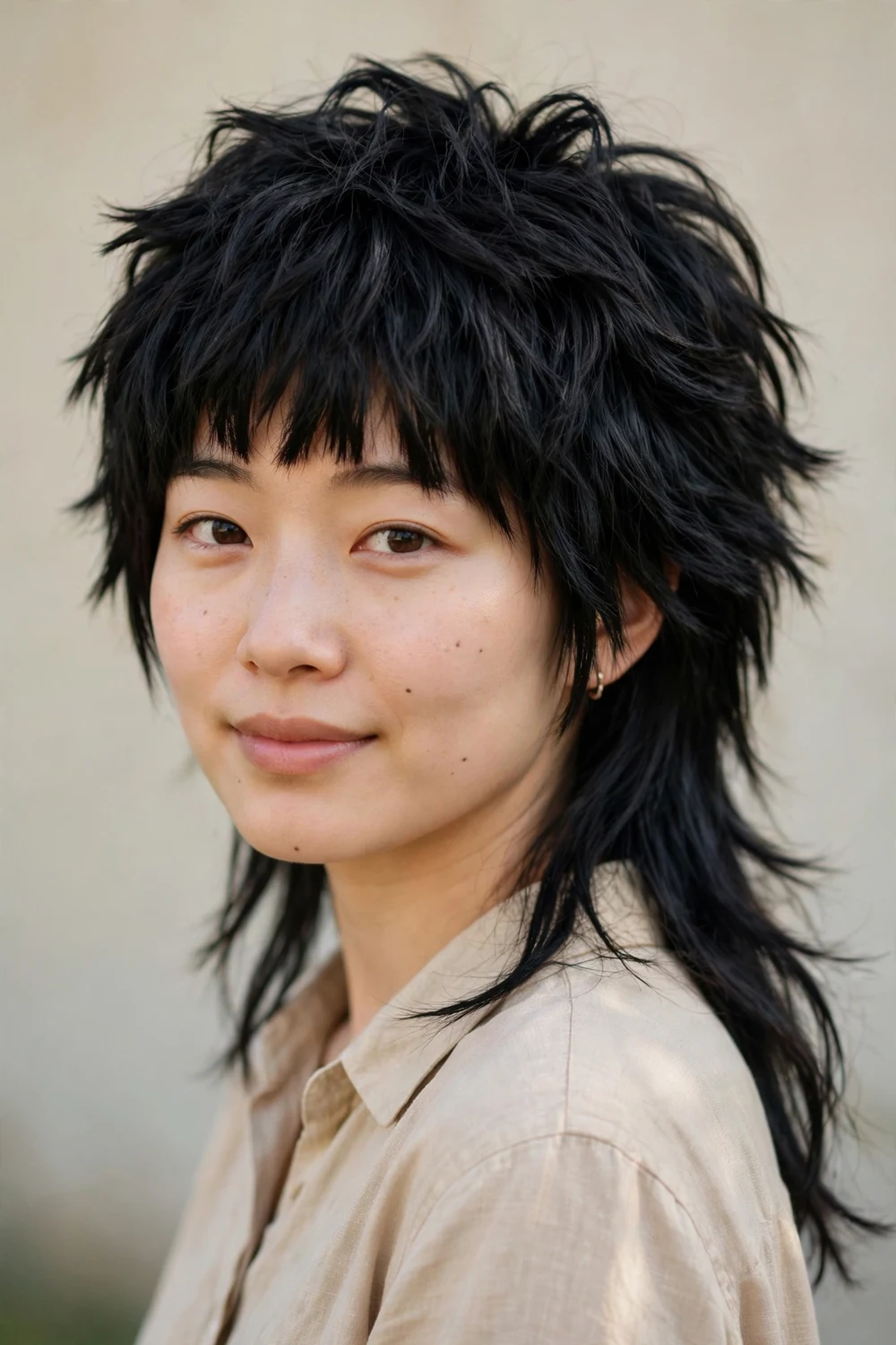 Woman with a wolf cut and heavy choppy fringe across the forehead