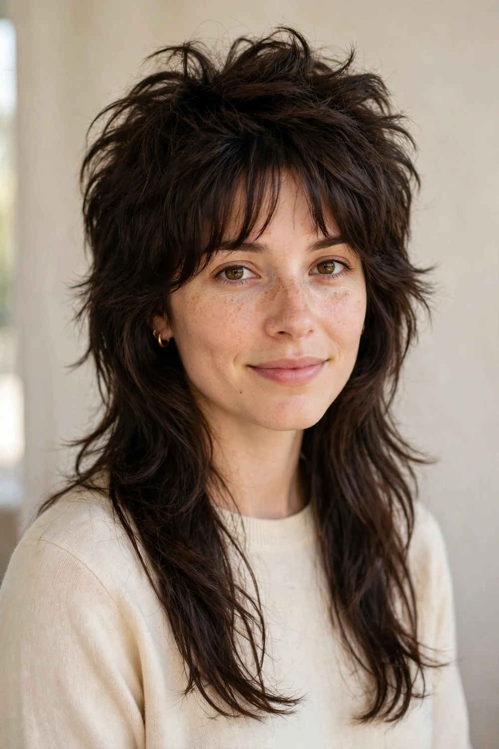 Woman with a classic wolf cut and curtain bangs, short crown layers and tapered back