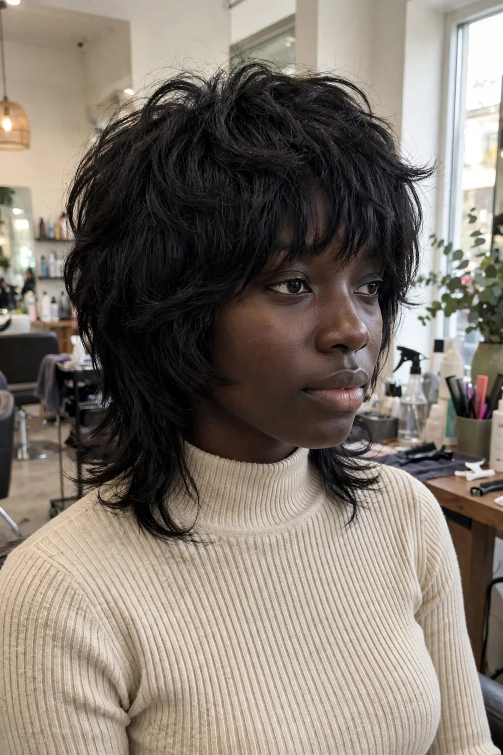 Wolf cut hairstyle for thick hair with layered shape and volume