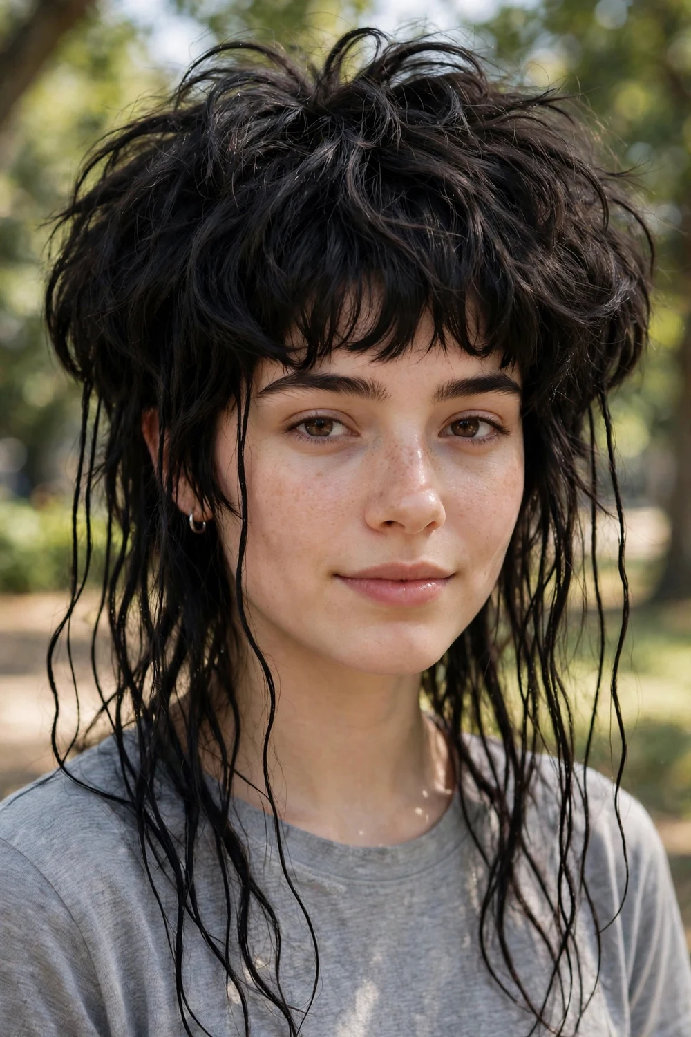 Woman with a wolf-cut fusion jellyfish haircut with heavy crown layers
