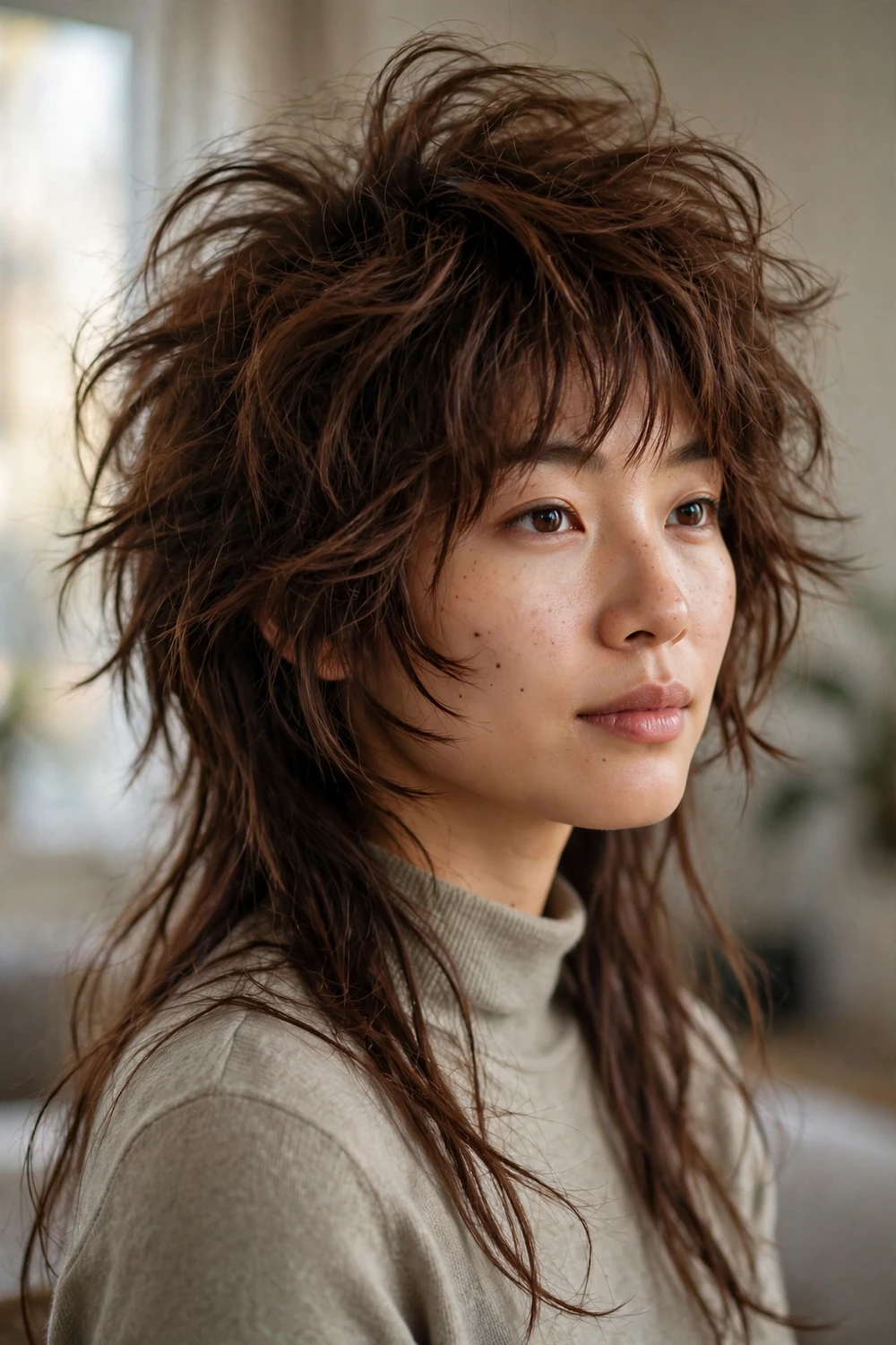 Woman with a wolf cut long shag hybrid haircut, extreme crown volume with tapered back length and short face-framing pieces