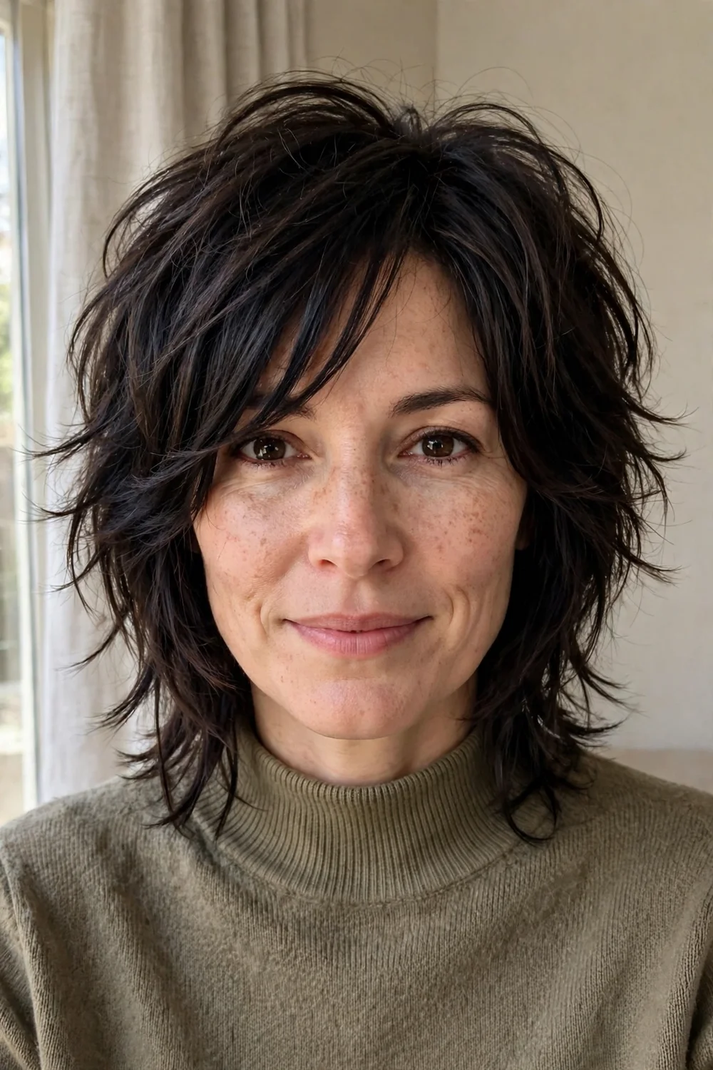 Wolf cut hairstyle with face-framing layers and soft textured movement