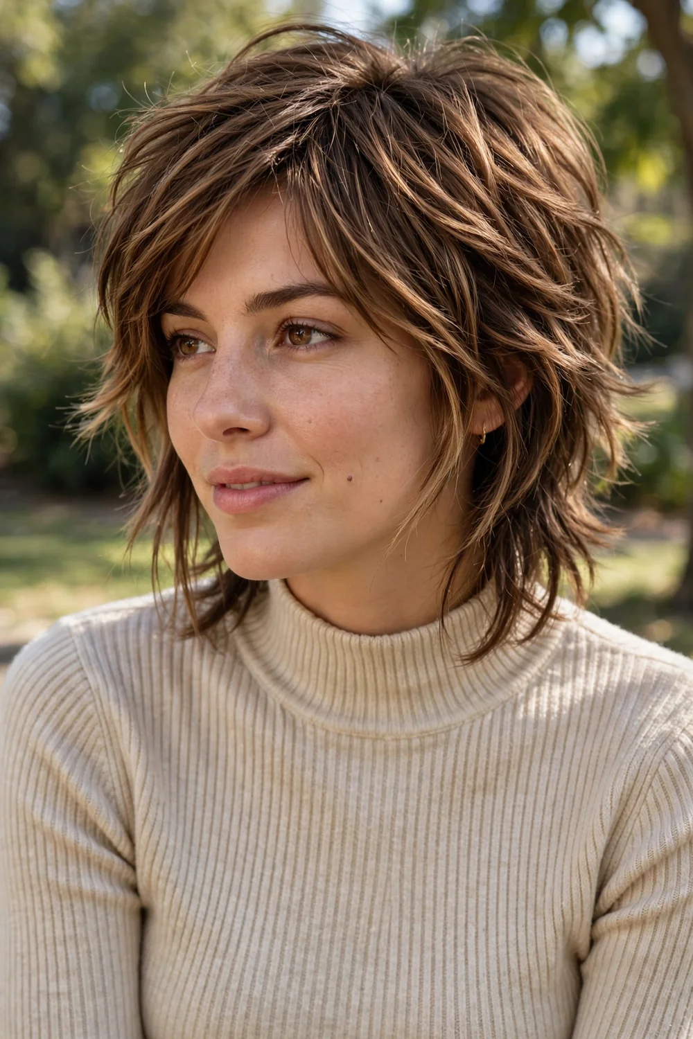Wolf cut hairstyle with caramel highlights, layered texture, and face-framing pieces