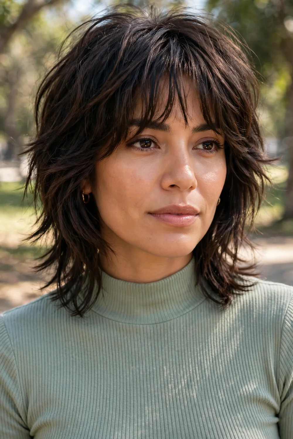 Wolf cut hairstyle with wispy bangs, face-framing layers, and airy texture