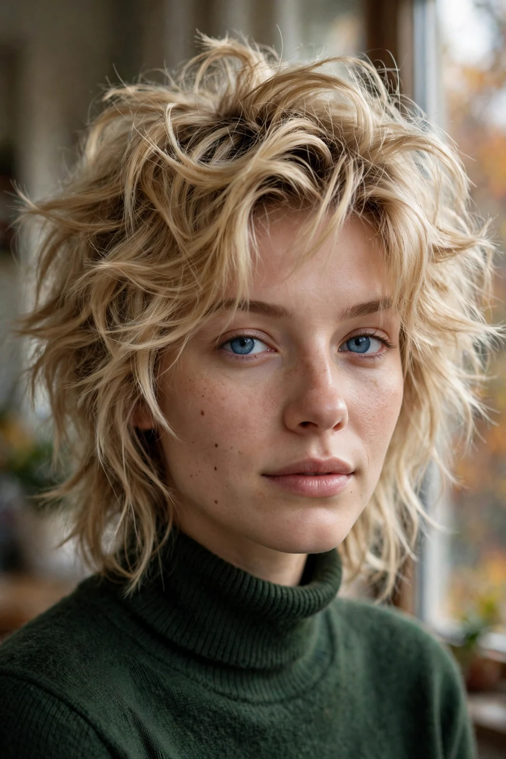Wolf cut, choppy volume-heavy layers mixing shag and mullet