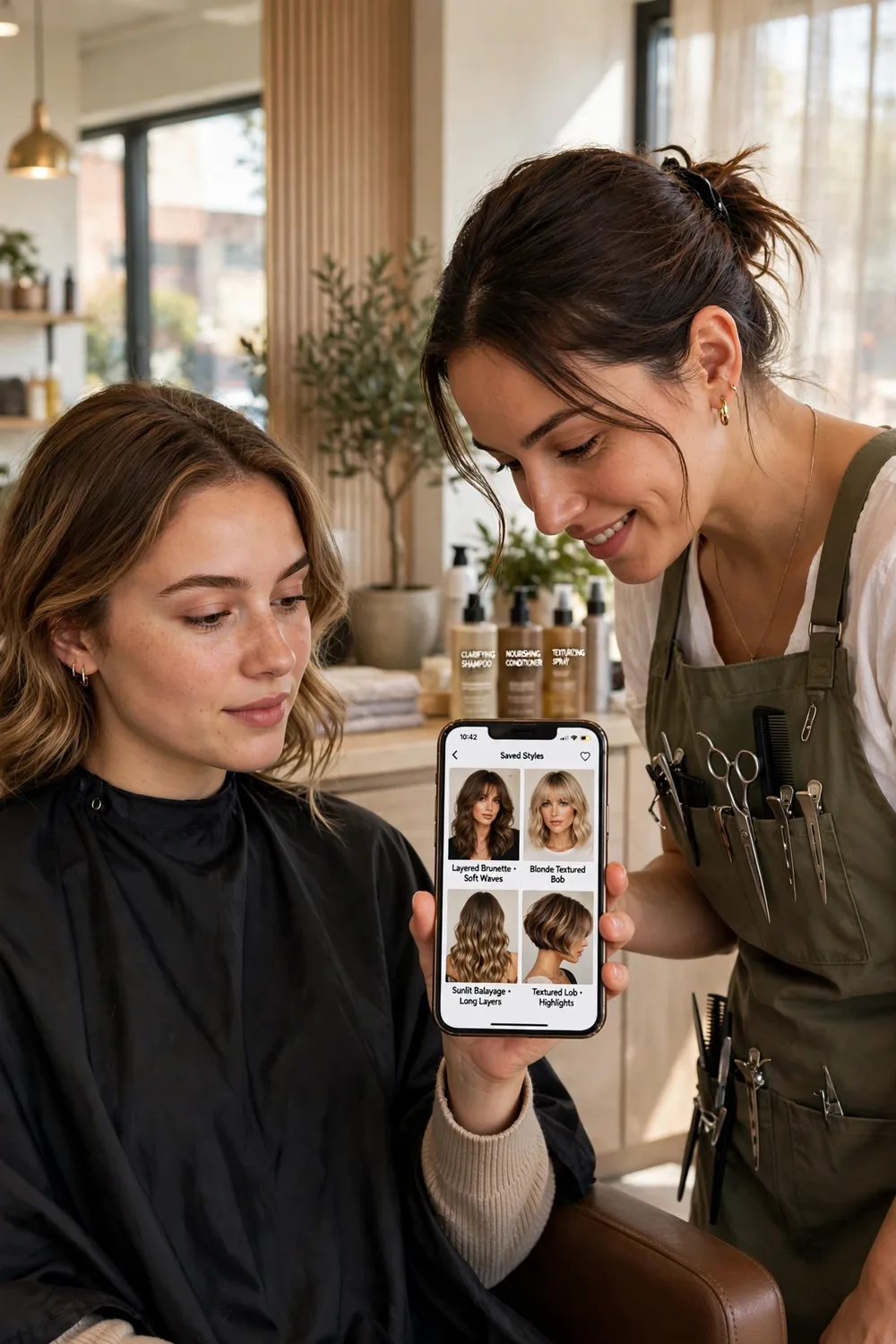 Woman consulting her stylist with reference photos before choosing a new hairstyle