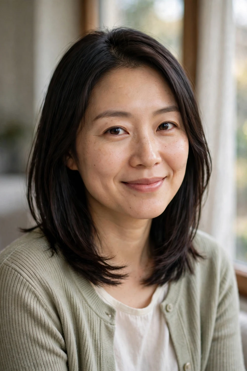 Woman showing off a fresh medium-change lob haircut at medium length