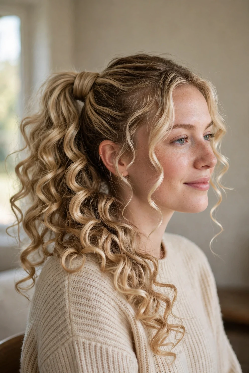 Woman with dirty blonde long hair in a curled ponytail with hair-wrapped elastic