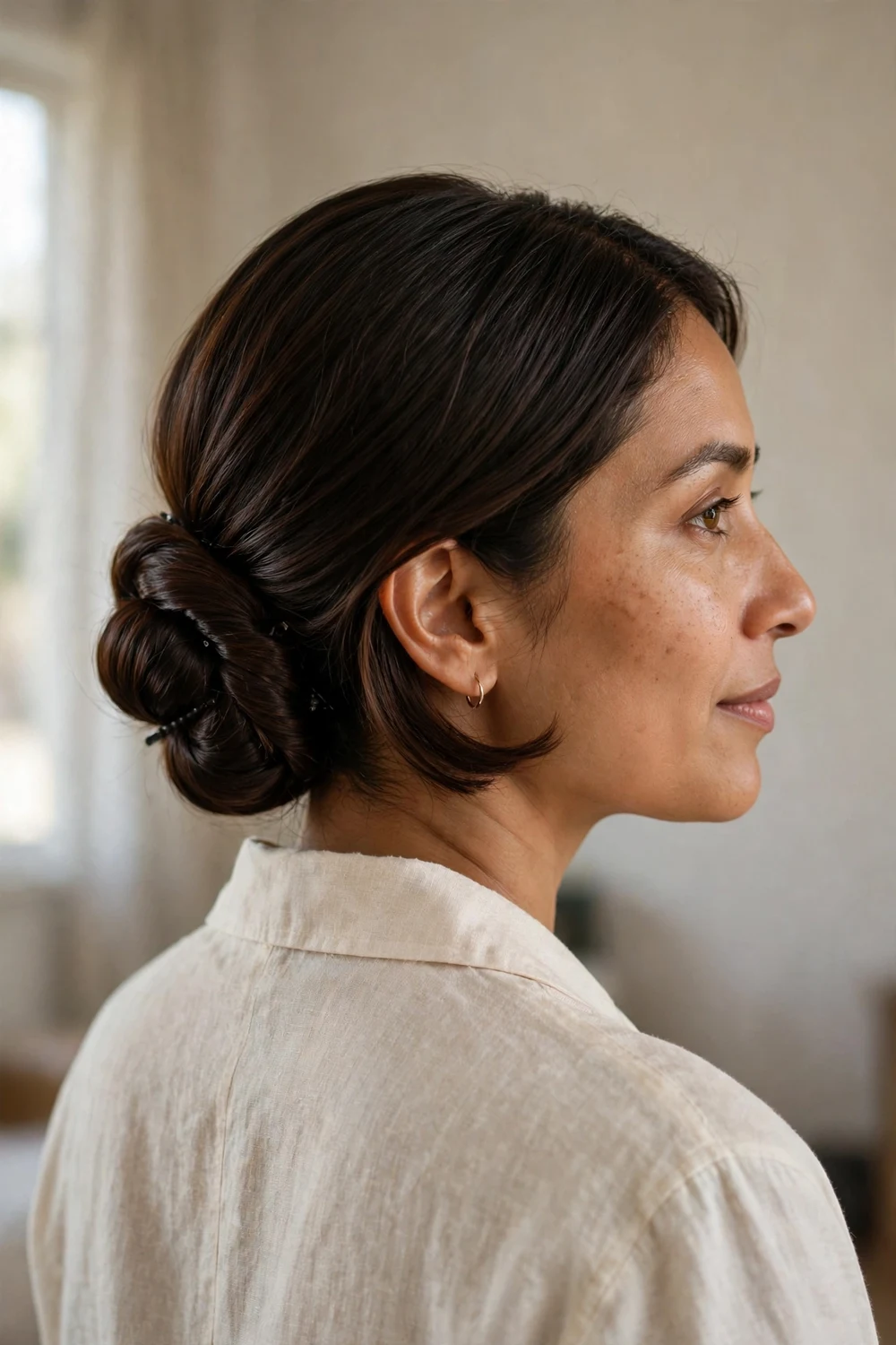 Wrapped low chignon at the nape on a chin length dark brown bob