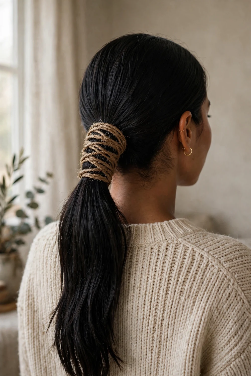 Woman with low ponytail wrapped in twine for Christmas long hair