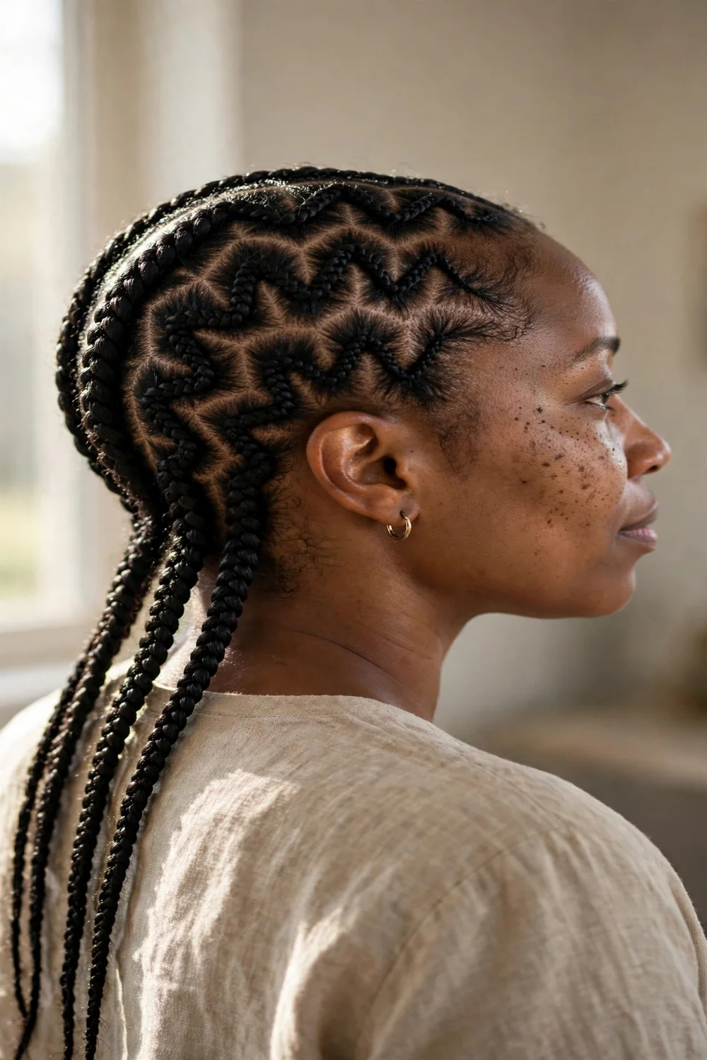 Zigzag cornrows braided across the scalp